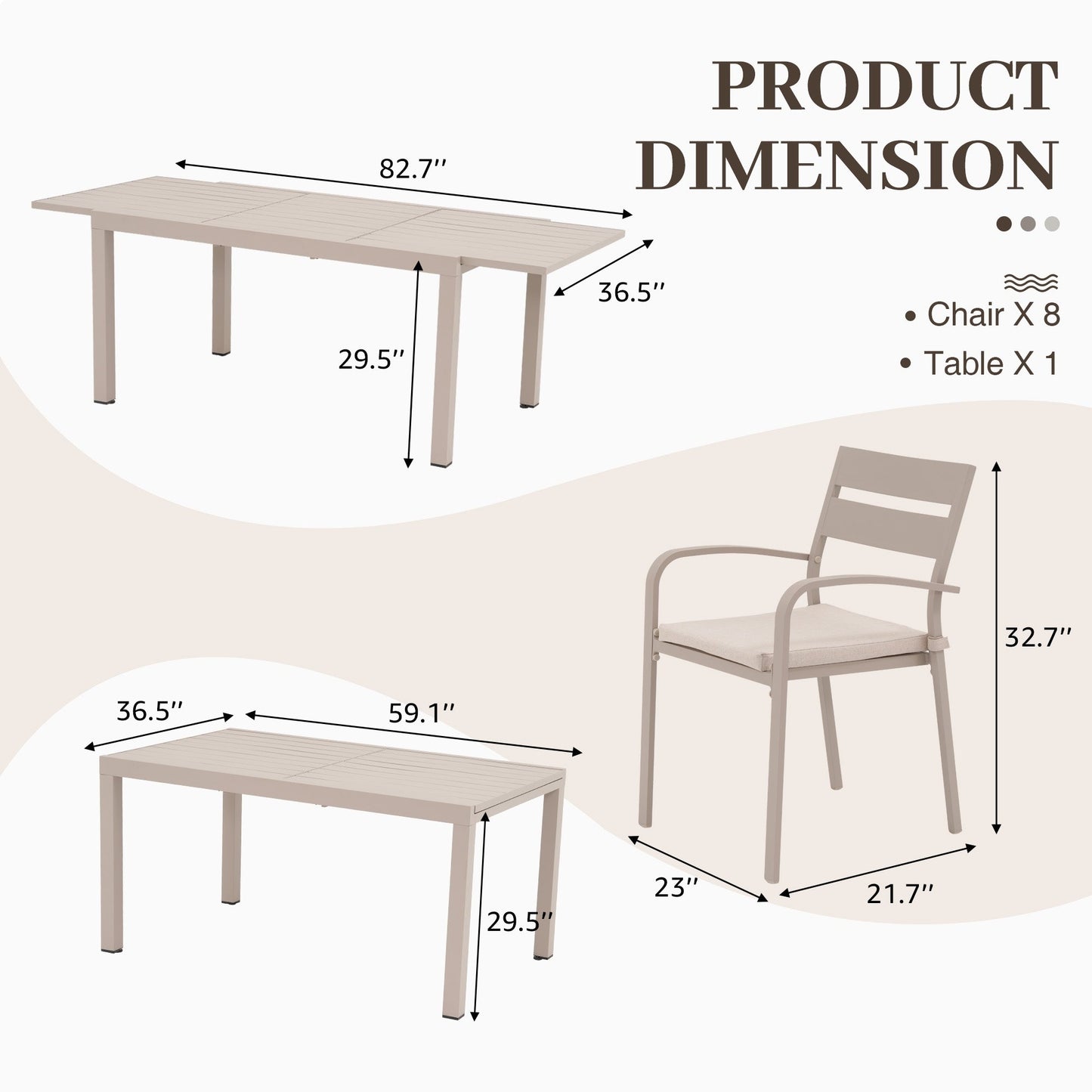 Set da pranzo per esterni in alluminio da 9 pezzi con sedie impilabili e tavolo allungabile