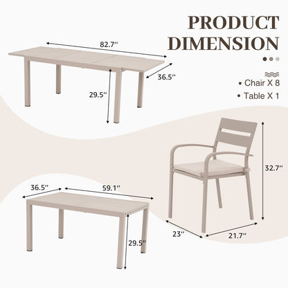 Set da pranzo per esterni in alluminio da 9 pezzi con sedie impilabili e tavolo allungabile