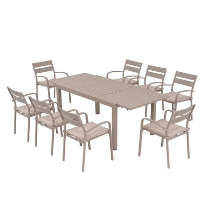 Set da pranzo per esterni in alluminio da 9 pezzi con sedie impilabili e tavolo allungabile