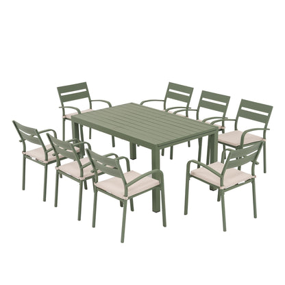 Set da pranzo per esterni in alluminio da 9 pezzi con sedie impilabili e tavolo allungabile