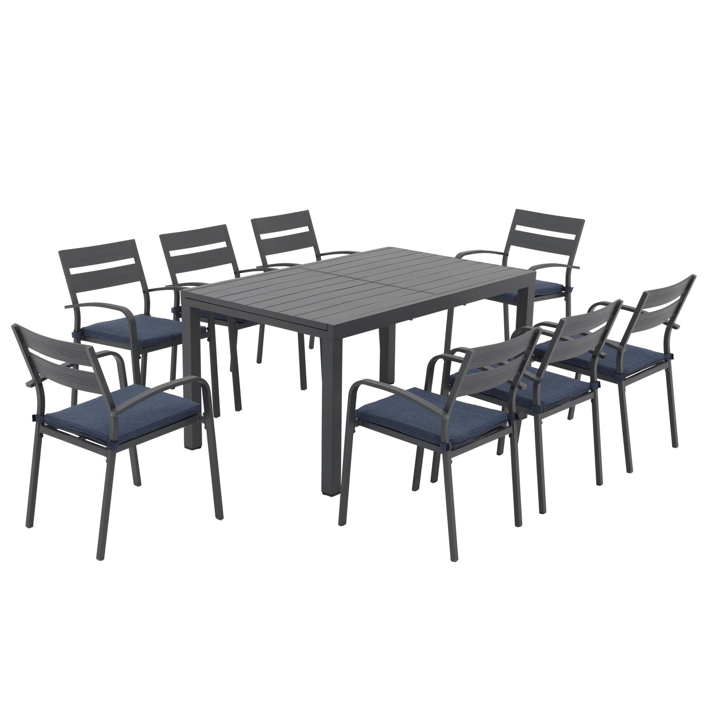 Set da pranzo per esterni in alluminio da 9 pezzi con sedie impilabili e tavolo allungabile