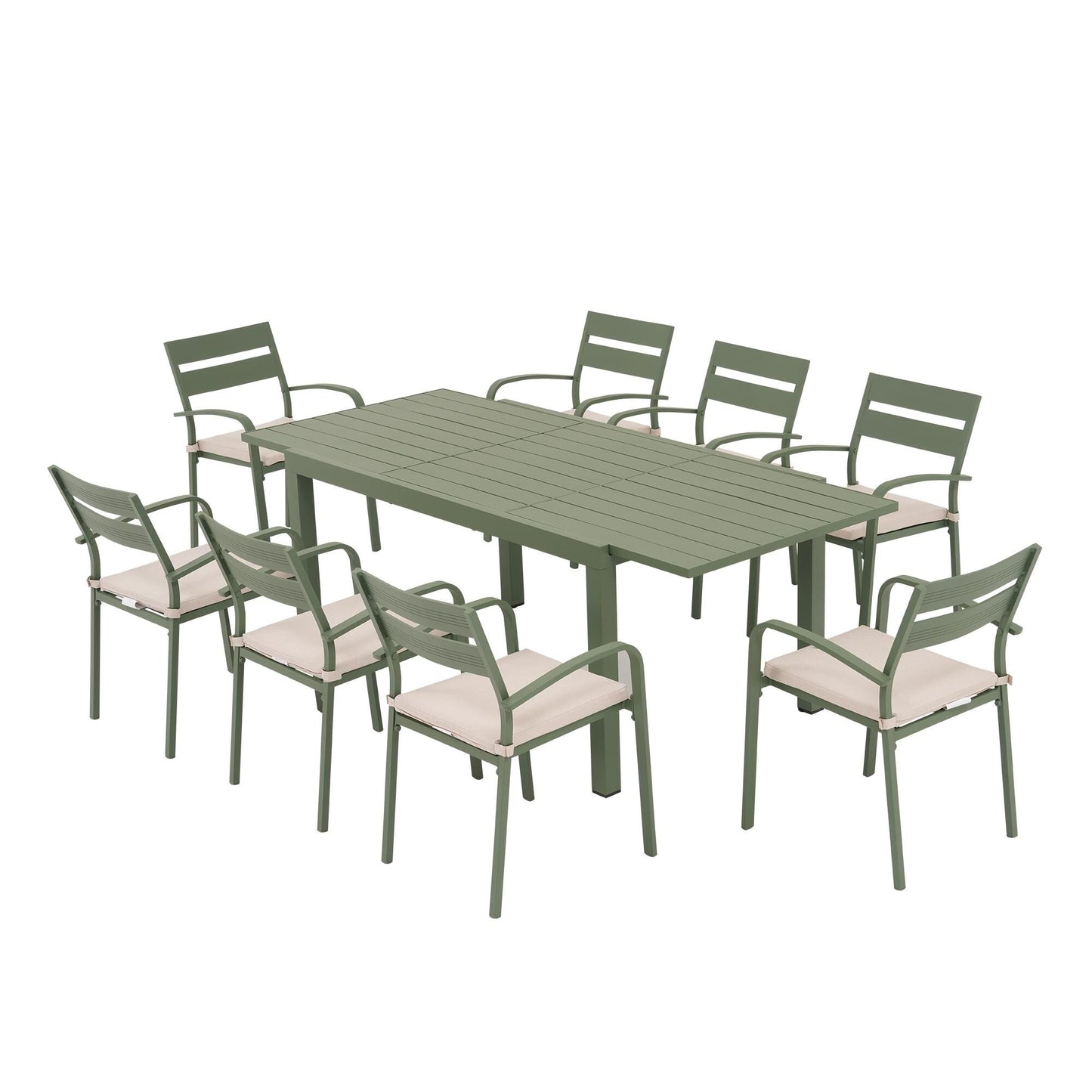 Set da pranzo per esterni in alluminio da 9 pezzi con sedie impilabili e tavolo allungabile