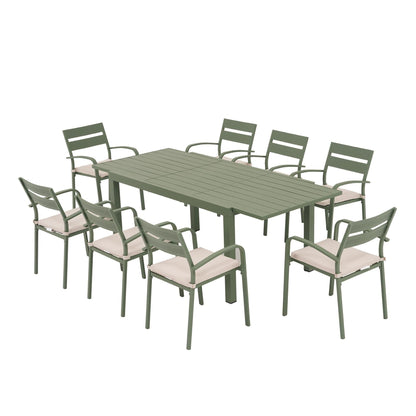 Set da pranzo per esterni in alluminio da 9 pezzi con sedie impilabili e tavolo allungabile