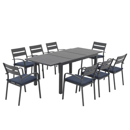 Set da pranzo per esterni in alluminio da 9 pezzi con sedie impilabili e tavolo allungabile