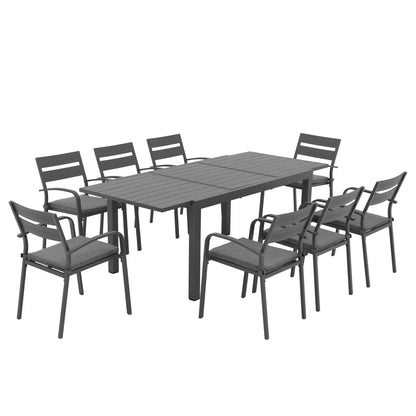 Set da pranzo per esterni in alluminio da 9 pezzi con sedie impilabili e tavolo allungabile