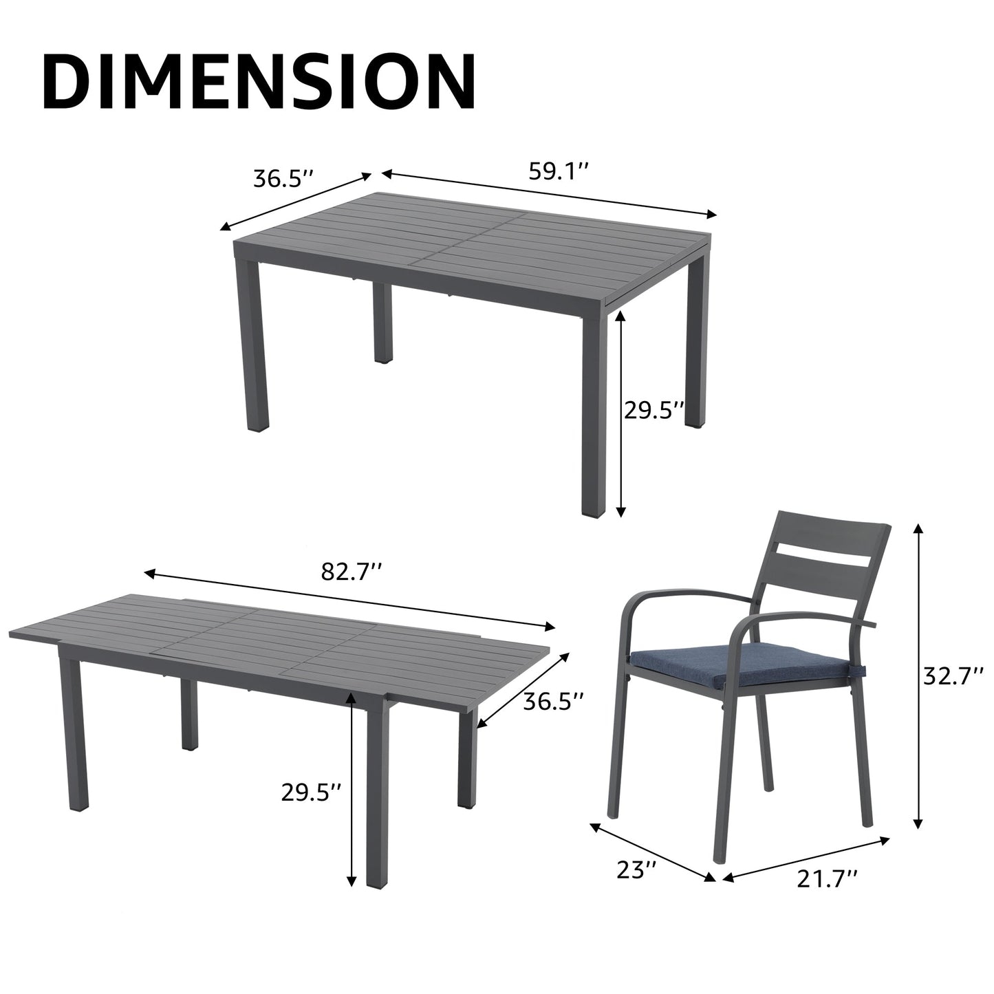 Set da pranzo per esterni in alluminio da 9 pezzi con sedie impilabili e tavolo allungabile