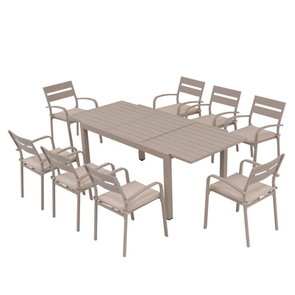 Set da pranzo per esterni in alluminio da 9 pezzi con sedie impilabili e tavolo allungabile