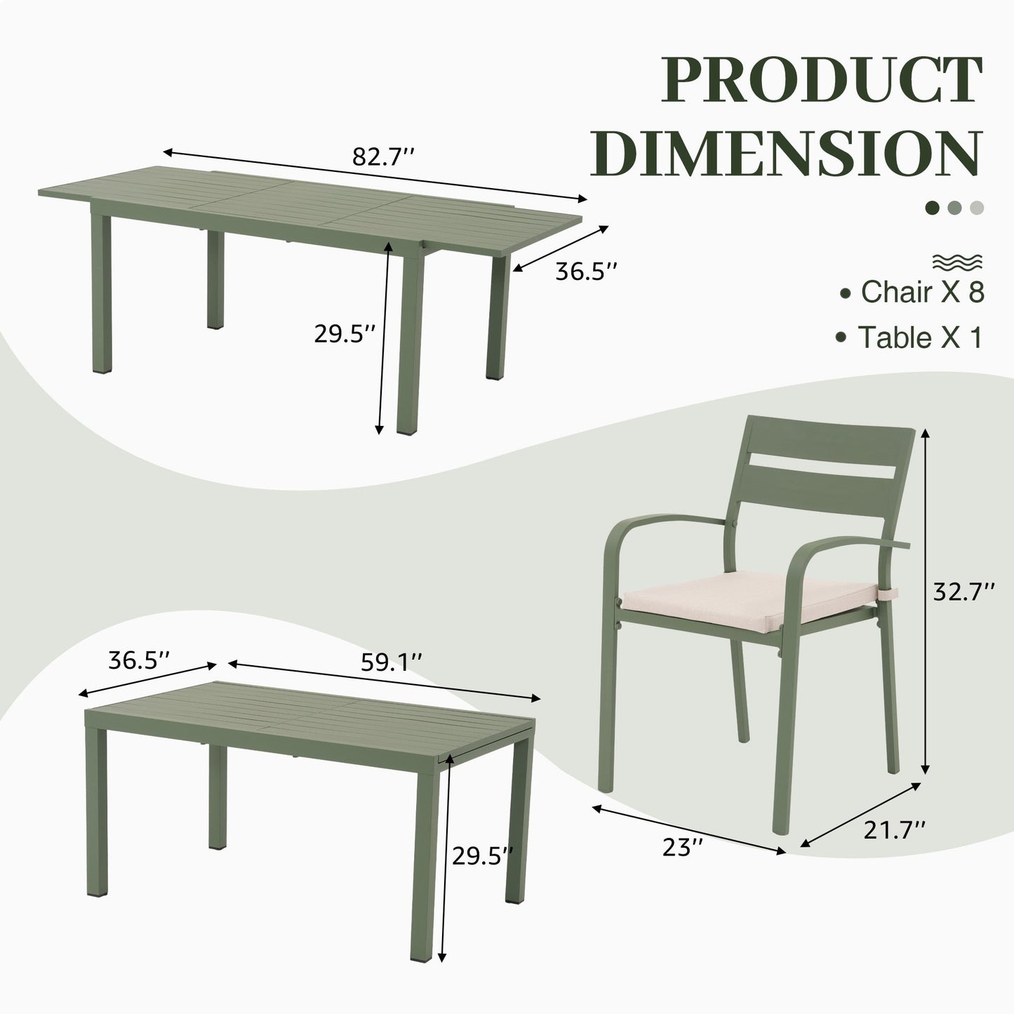 Set da pranzo per esterni in alluminio da 9 pezzi con sedie impilabili e tavolo allungabile