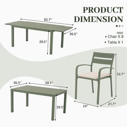 Set da pranzo per esterni in alluminio da 9 pezzi con sedie impilabili e tavolo allungabile