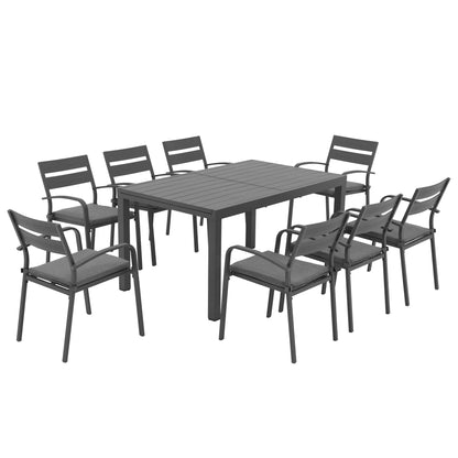 Set da pranzo per esterni in alluminio da 9 pezzi con sedie impilabili e tavolo allungabile