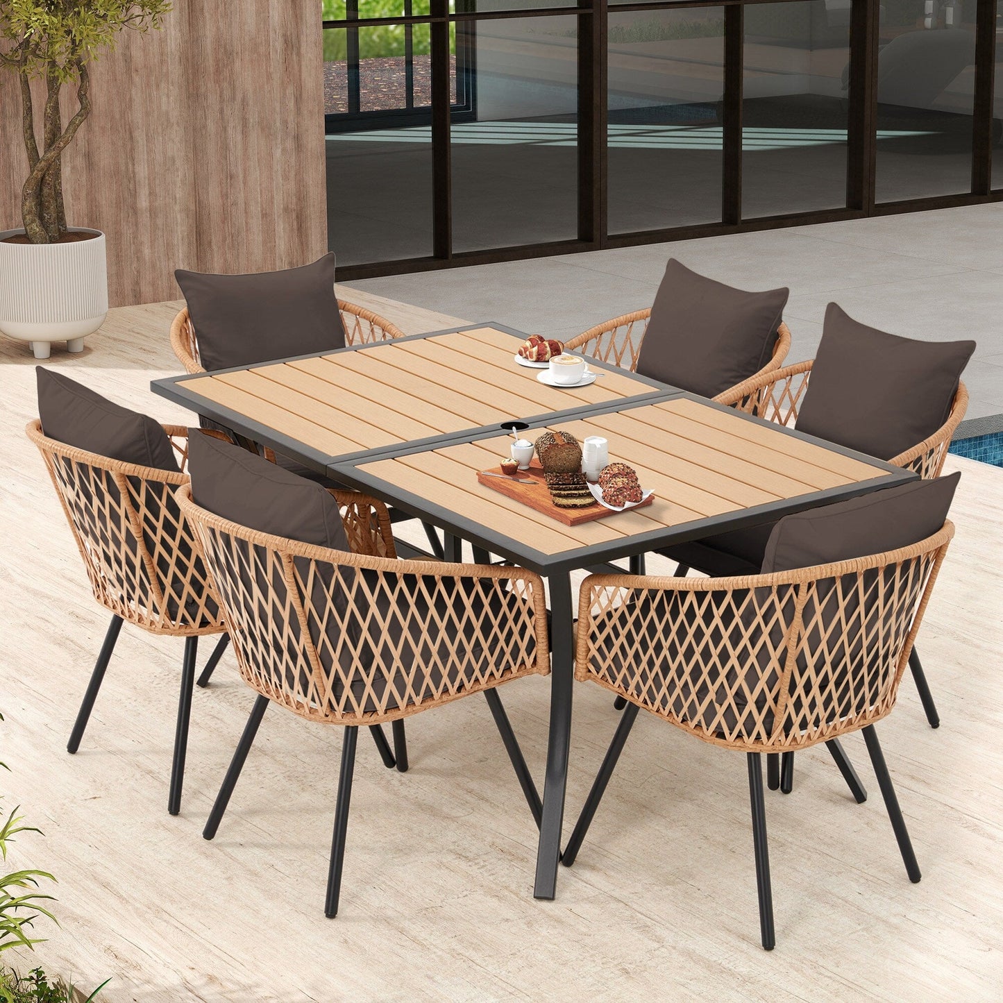 Set da pranzo per esterni in rattan PE per tutte le stagioni, tavolo in WPC resistente, tavolo e sedie da esterno con cuscino rimovibile