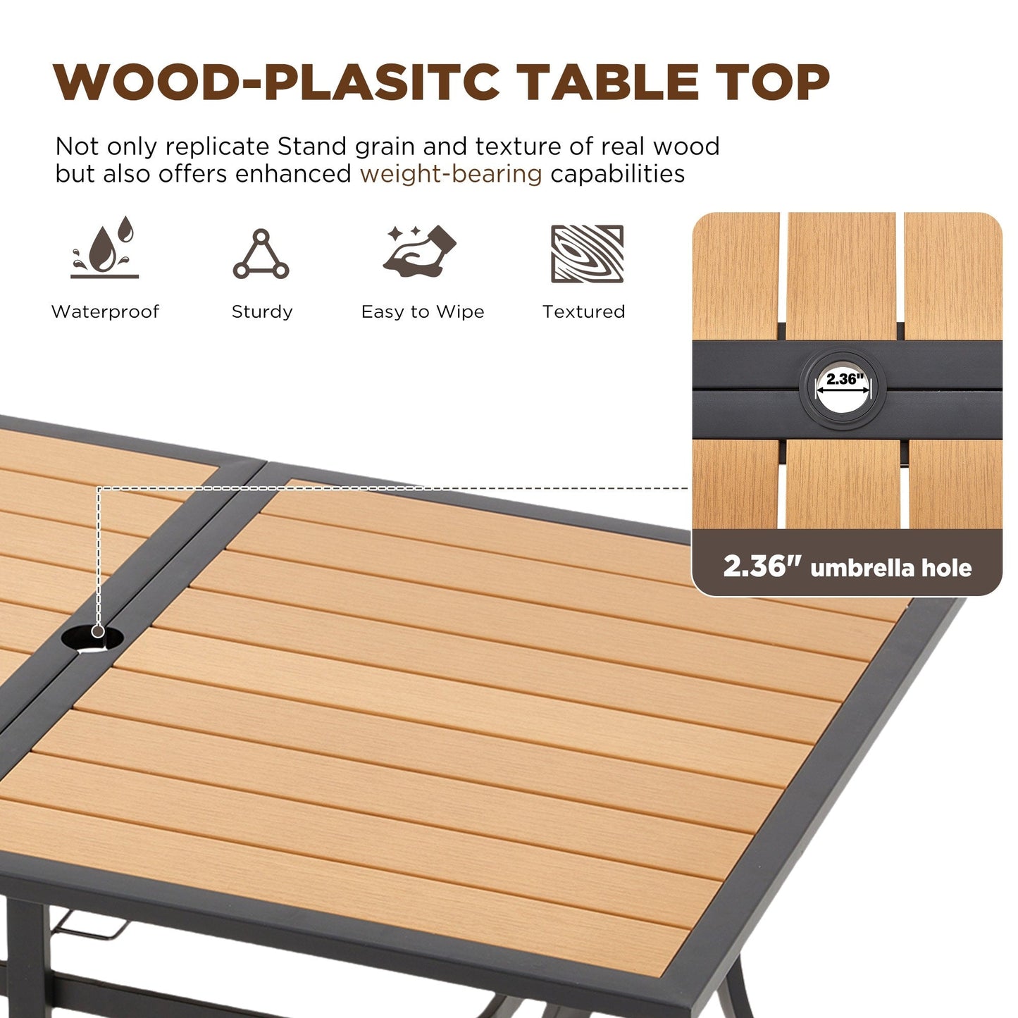 Set da pranzo per esterni in rattan PE per tutte le stagioni, tavolo in WPC resistente, tavolo e sedie da esterno con cuscino rimovibile