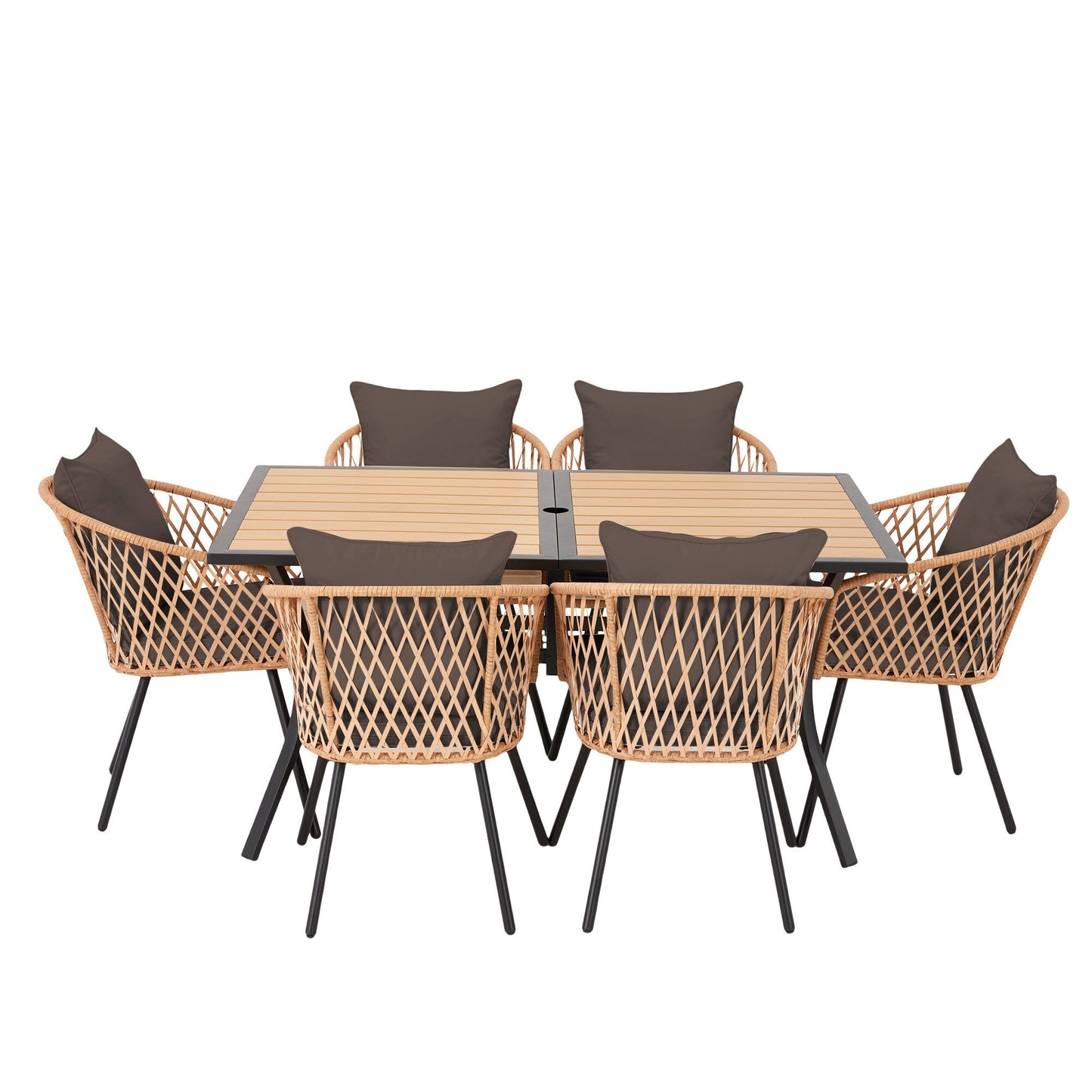 Set da pranzo per esterni in rattan PE per tutte le stagioni, tavolo in WPC resistente, tavolo e sedie da esterno con cuscino rimovibile