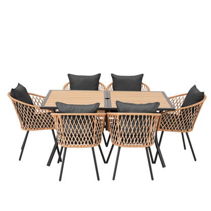 Set da pranzo per esterni in rattan PE per tutte le stagioni, tavolo in WPC resistente, tavolo e sedie da esterno con cuscino rimovibile