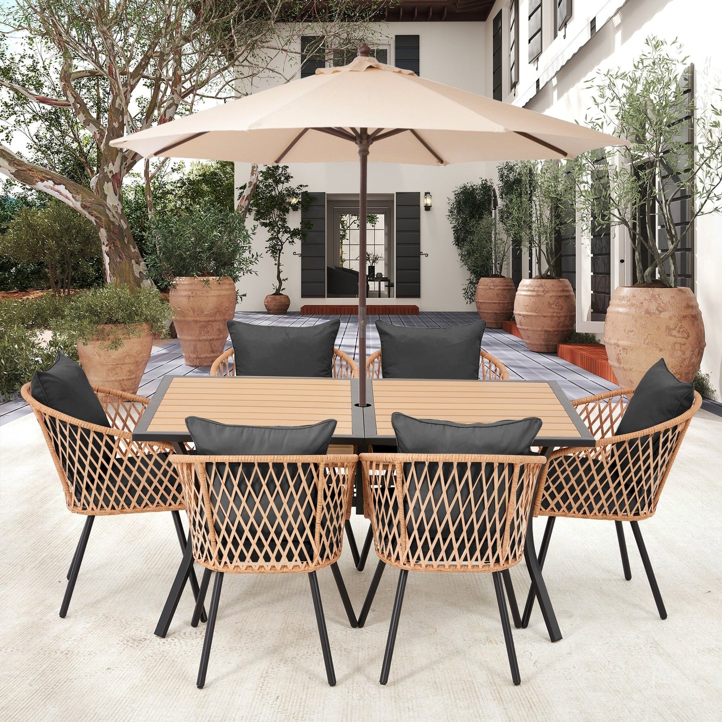 Set da pranzo per esterni in rattan PE per tutte le stagioni, tavolo in WPC resistente, tavolo e sedie da esterno con cuscino rimovibile