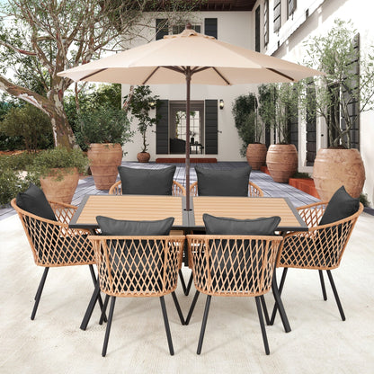 Set da pranzo per esterni in rattan PE per tutte le stagioni, tavolo in WPC resistente, tavolo e sedie da esterno con cuscino rimovibile