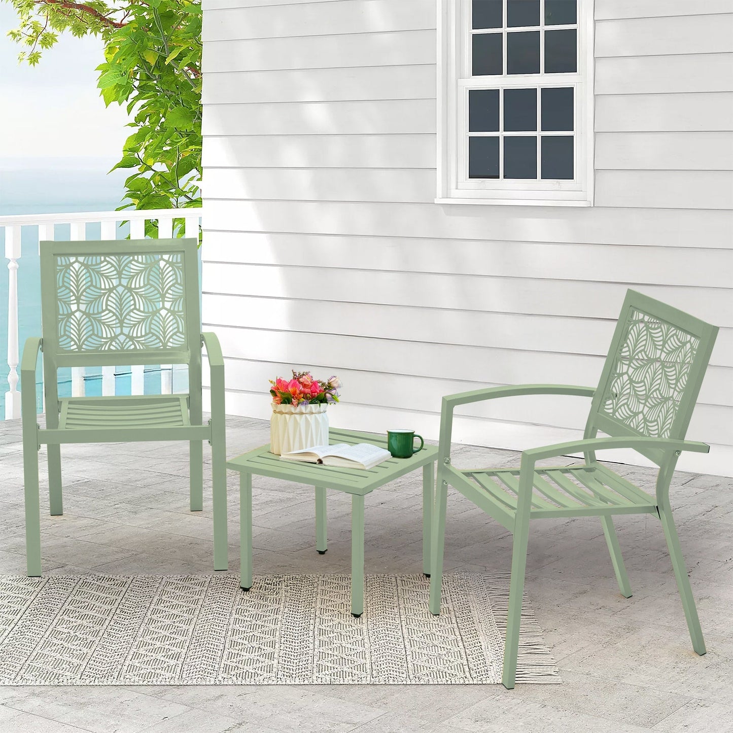 Set da esterno per patio, tavolo e sedie da bistrot in ferro resistenti alle intemperie, design floreale sul retro, salvaspazio (verde/blu/giallo/nero)