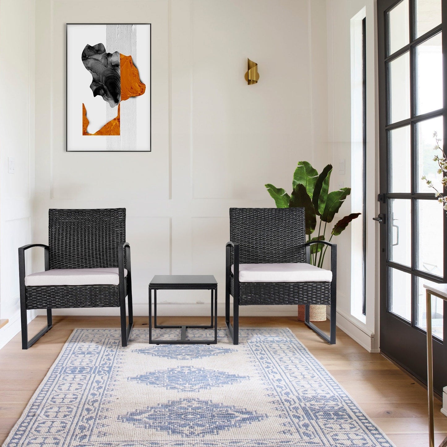 Set da bistrot da giardino, 3 pezzi, set di mobili da esterno con tavolo in vetro, set da conversazione in rattan per veranda, giardino, balcone