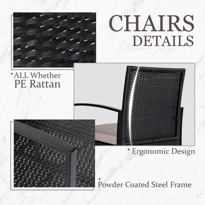 Set da bistrot da giardino, 3 pezzi, set di mobili da esterno con tavolo in vetro, set da conversazione in rattan per veranda, giardino, balcone