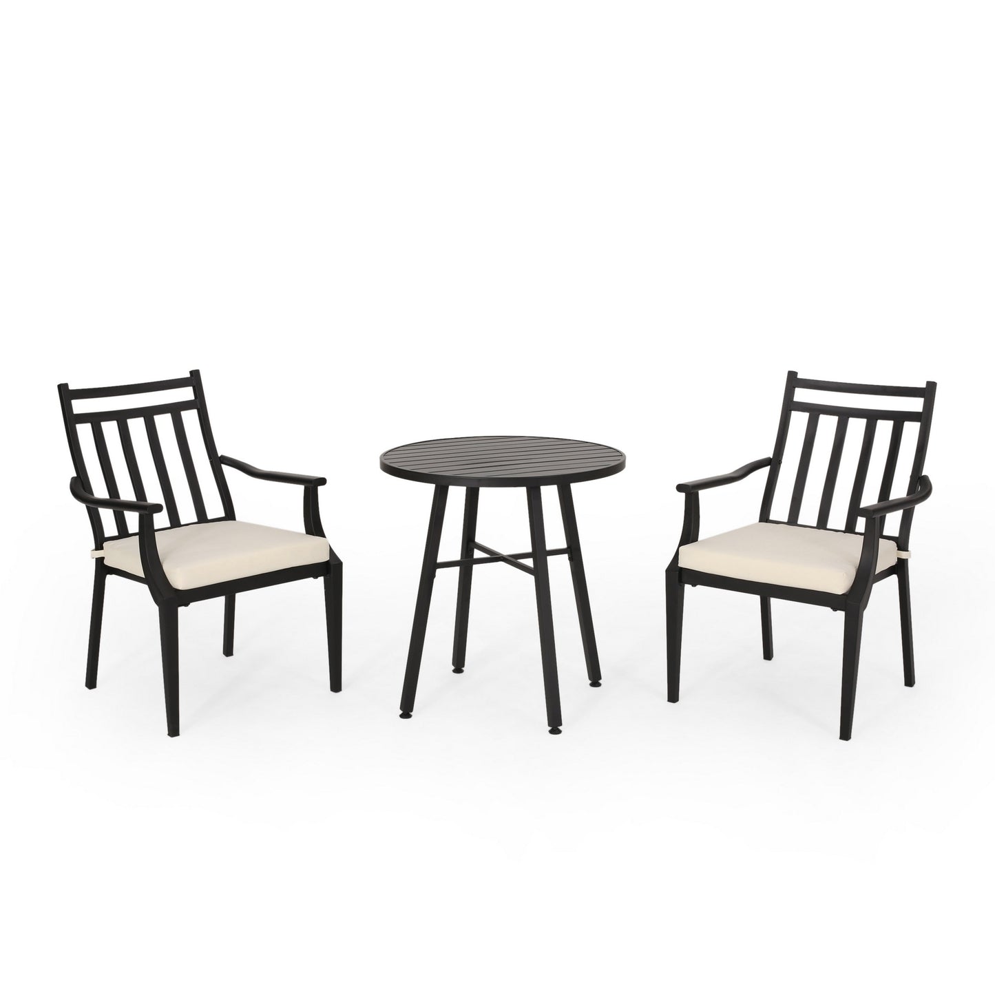 Set tavolo da bistrot per esterni con 2 sedie, doghe, ferro nero, beige