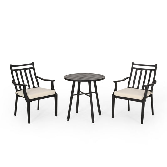 Set tavolo da bistrot per esterni con 2 sedie, doghe, ferro nero, beige