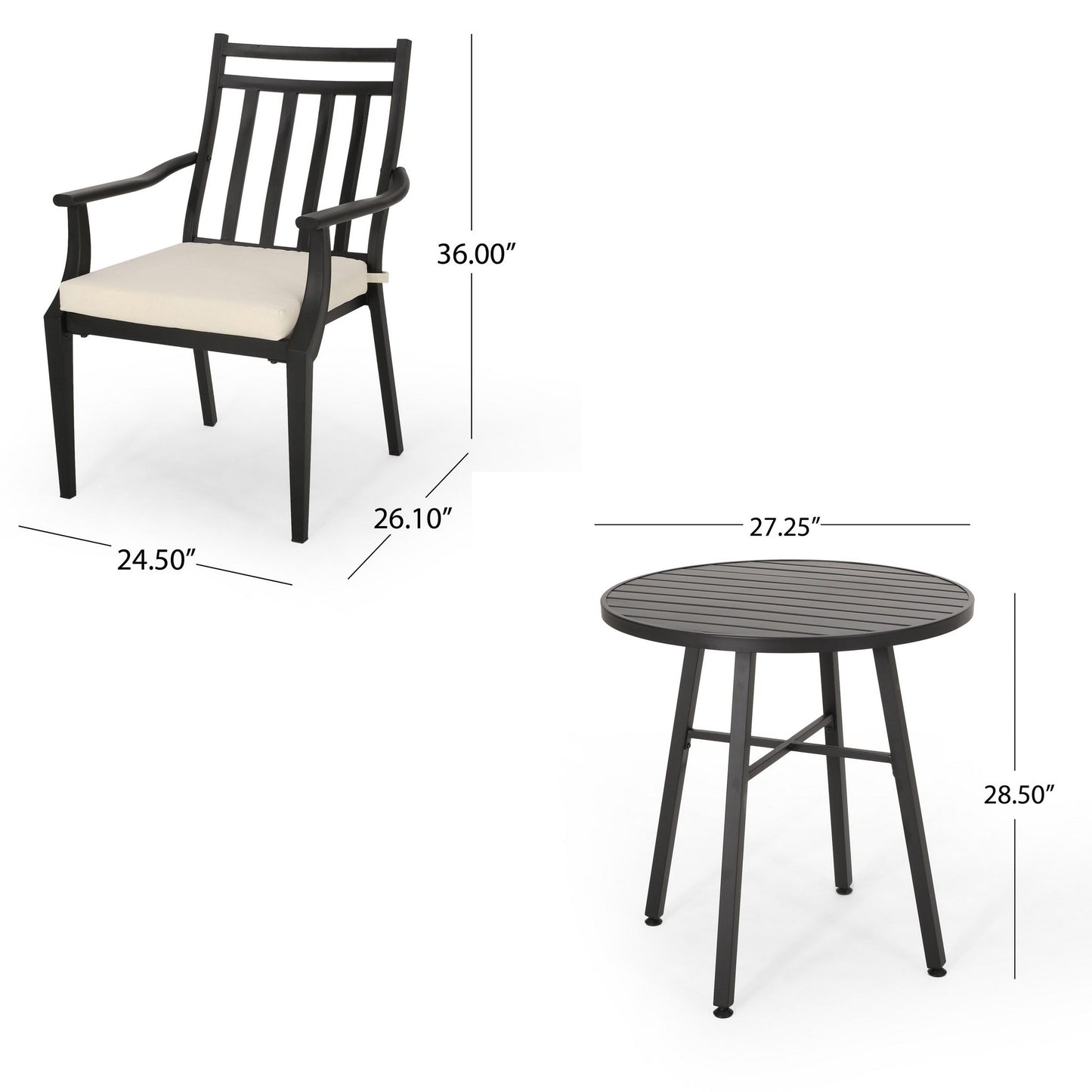 Set tavolo da bistrot per esterni con 2 sedie, doghe, ferro nero, beige