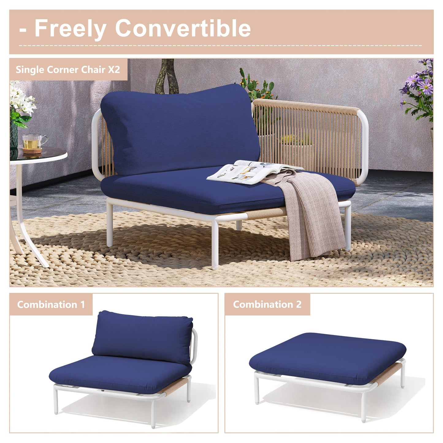 Divano componibile imbottito per esterni, set da conversazione per mobili da giardino, combinazione libera