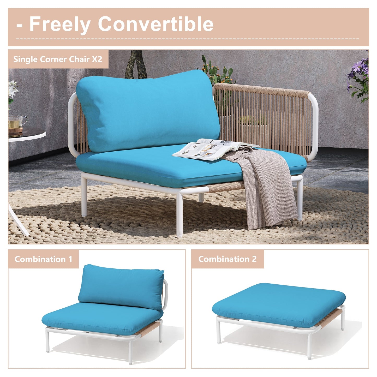 Divano componibile imbottito per esterni, set da conversazione per mobili da giardino, combinazione libera