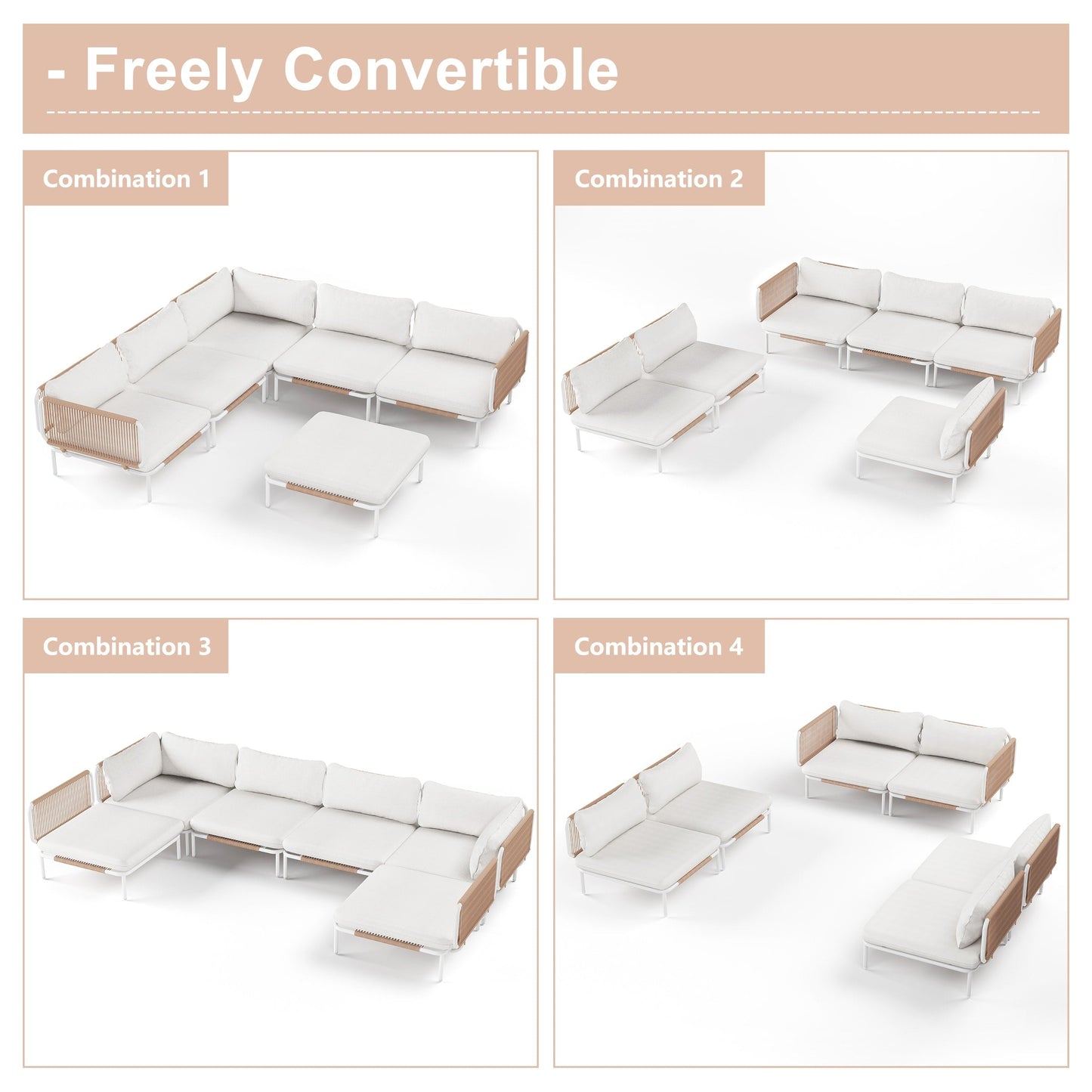 Divano componibile imbottito per esterni, set da conversazione per mobili da giardino, combinazione libera