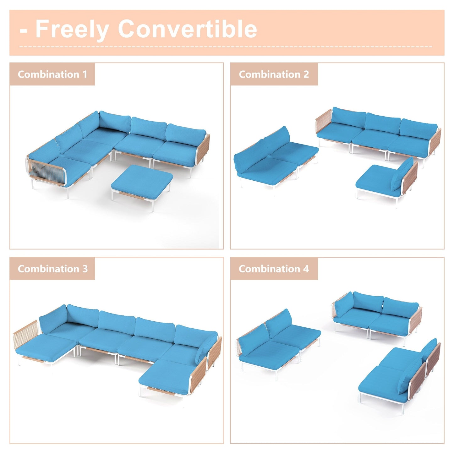Divano componibile imbottito per esterni, set da conversazione per mobili da giardino, combinazione libera