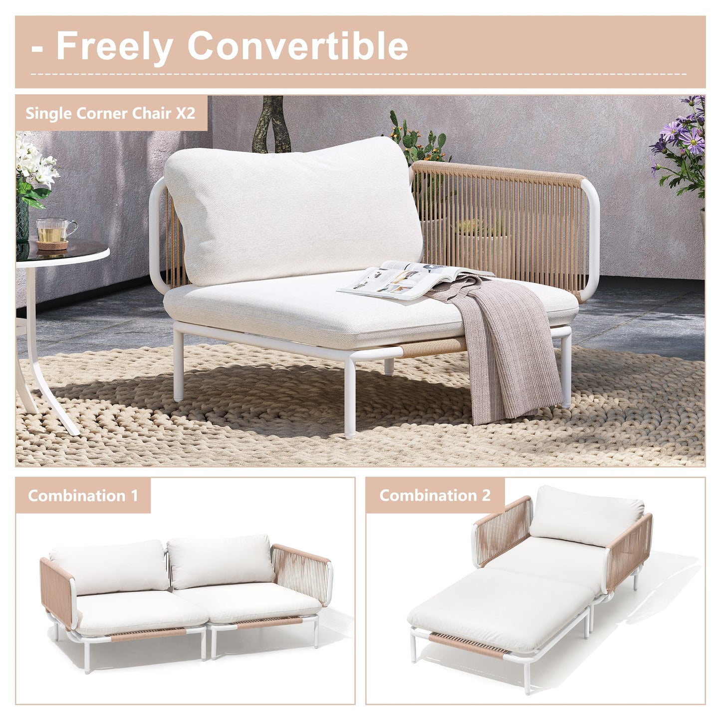 Divano componibile imbottito per esterni, set da conversazione per mobili da giardino, combinazione libera