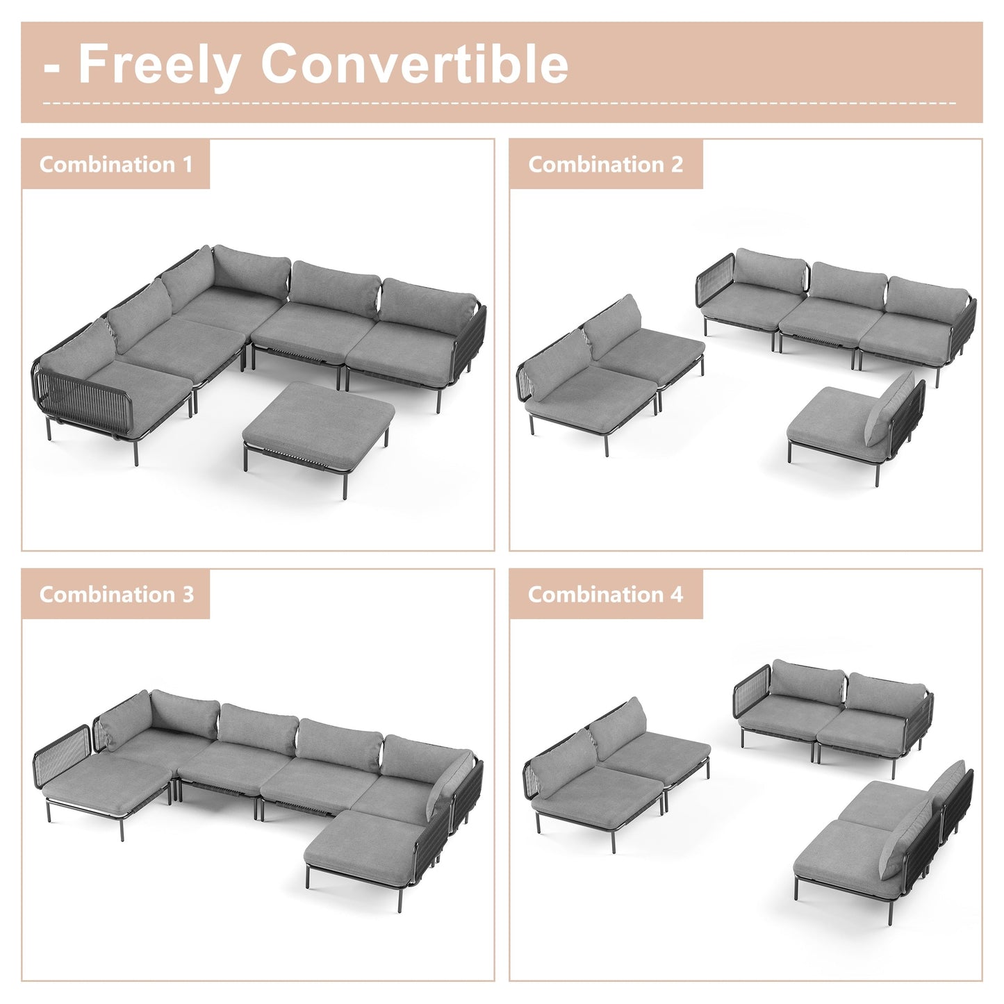 Divano componibile imbottito per esterni, set da conversazione per mobili da giardino, combinazione libera