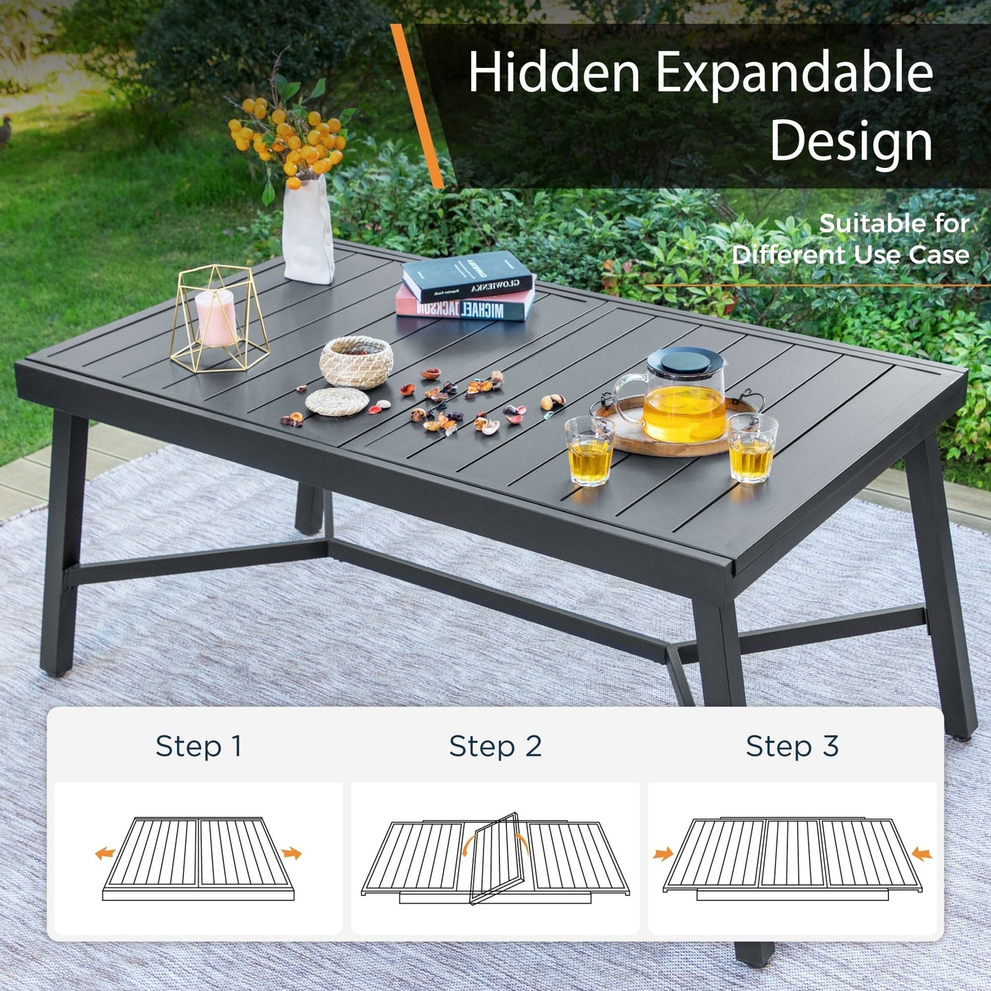 MAISON ARTS Set da pranzo per esterni da 7/9 pezzi con tavolo rettangolare espandibile in metallo e 6/8 sedie da pranzo in textilene