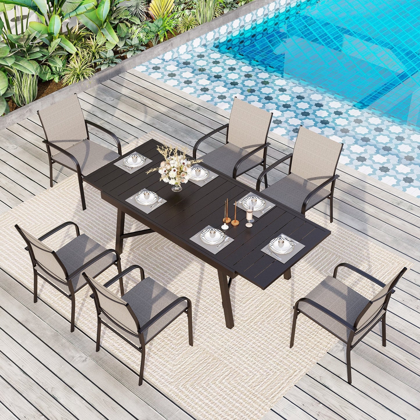 MAISON ARTS Set da pranzo per esterni da 7/9 pezzi con tavolo rettangolare espandibile in metallo e 6/8 sedie da pranzo in textilene