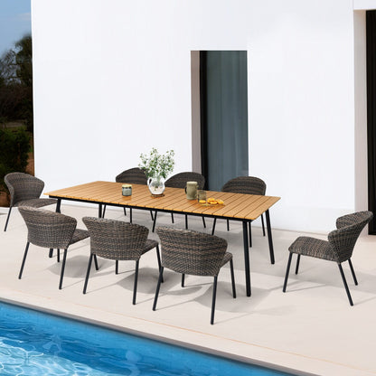 Set da pranzo per esterni con tavolo da pranzo in alluminio e sedie impilabili in rattan PE - Set da 9