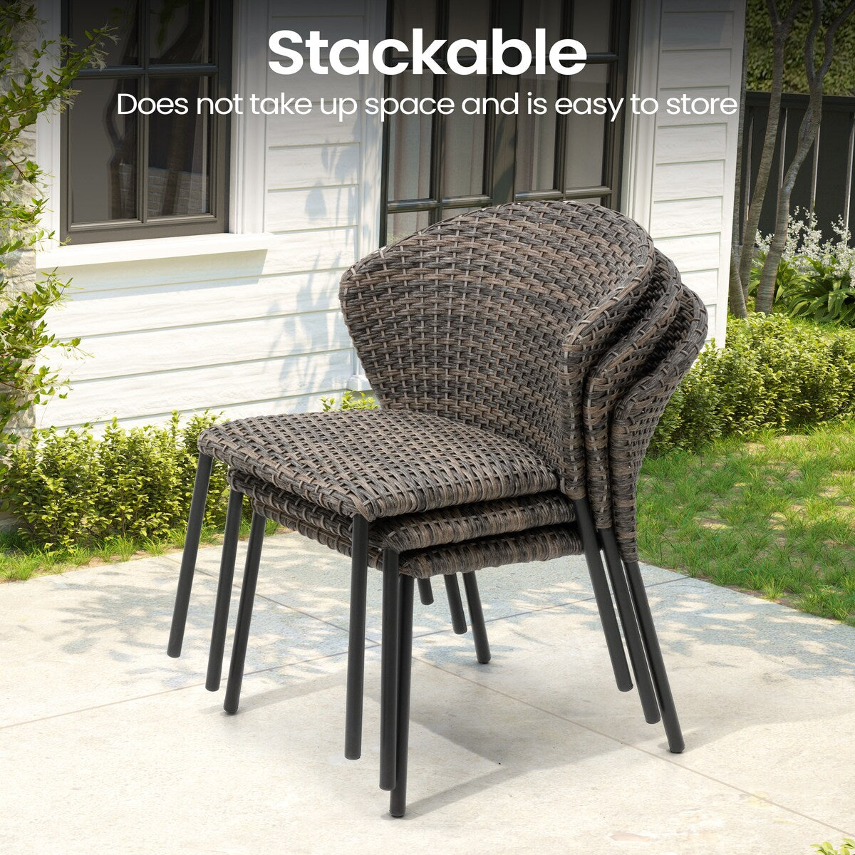 Set da pranzo per esterni con tavolo da pranzo in alluminio e sedie impilabili in rattan PE - Set da 9