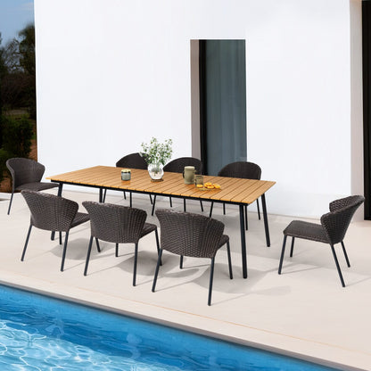 Set da pranzo per esterni con tavolo da pranzo in alluminio e sedie impilabili in rattan PE - Set da 9
