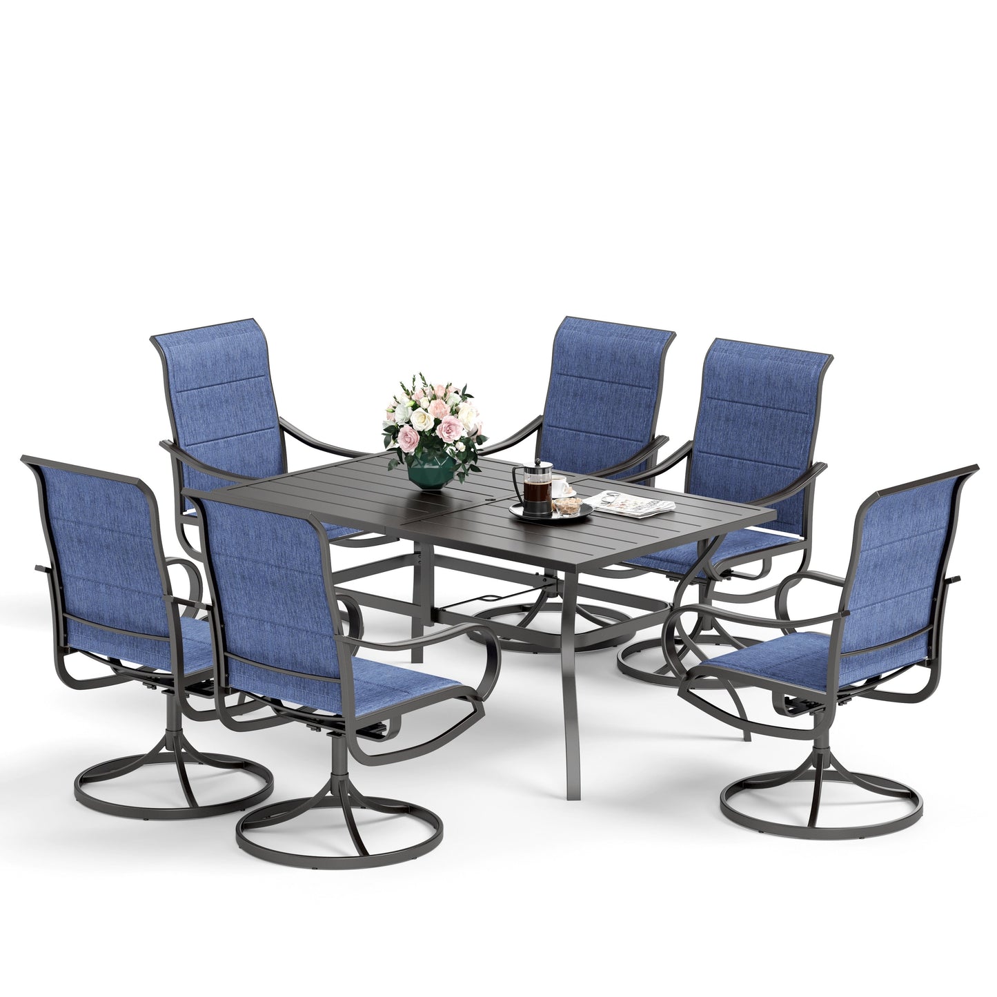 MAISON ARTS Set da pranzo per esterni, 6 sedie girevoli da giardino e tavolo da pranzo rettangolare 60x38 con foro per ombrellone