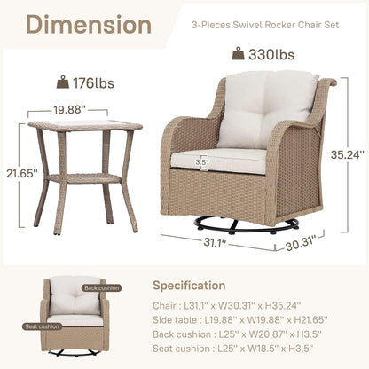 Set da esterno: 3 sedie girevoli e a dondolo da giardino con tavolino laterale