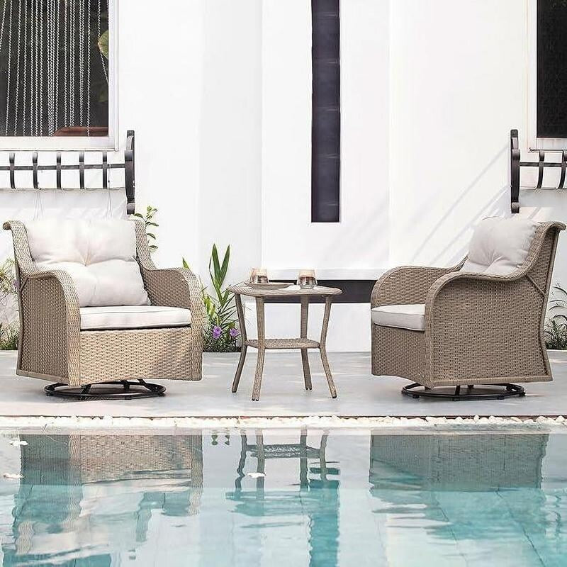 Set da esterno: 3 sedie girevoli e a dondolo da giardino con tavolino laterale