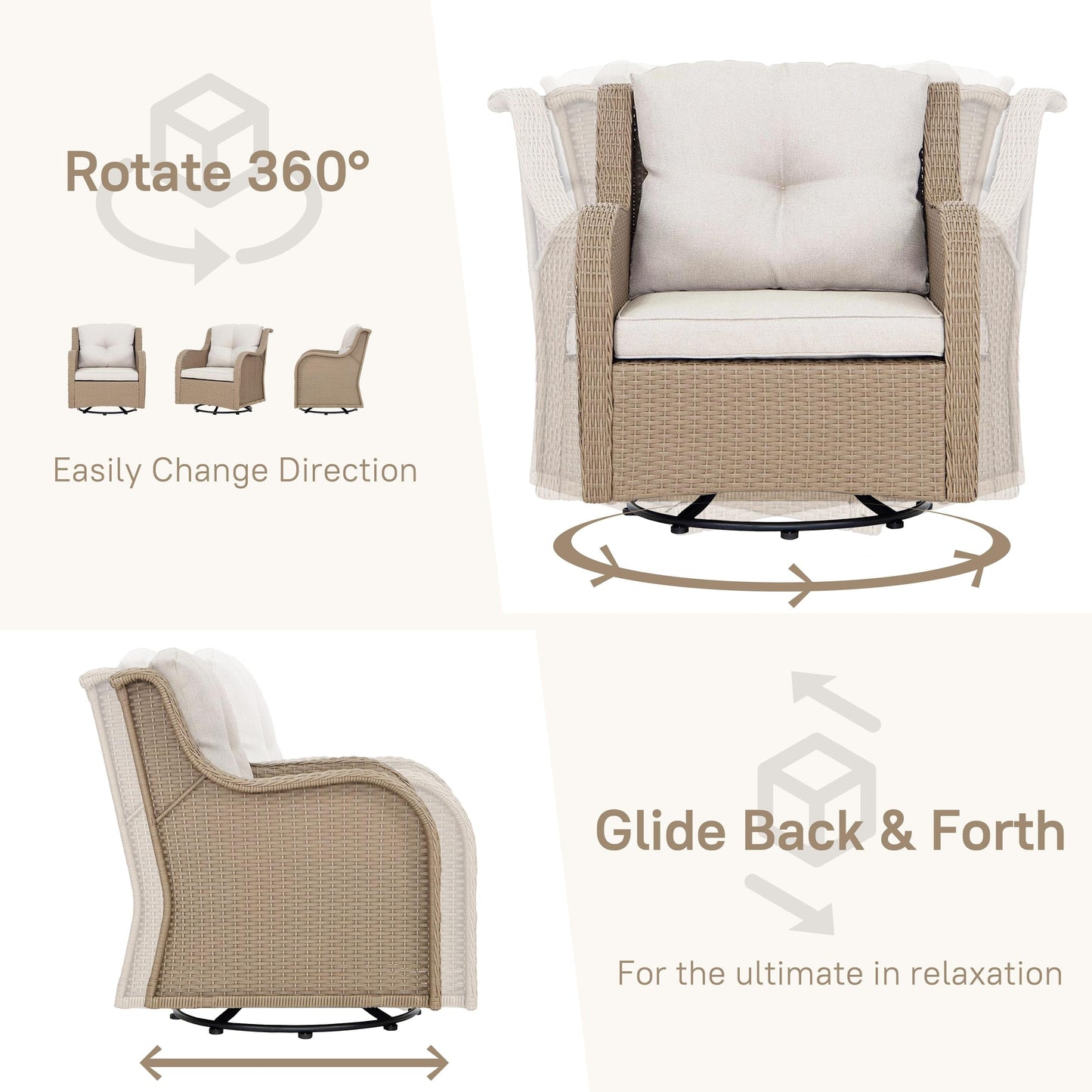 Set da esterno: 3 sedie girevoli e a dondolo da giardino con tavolino laterale