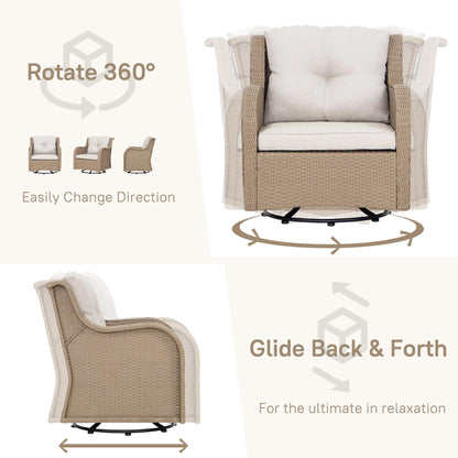 Set da esterno: 3 sedie girevoli e a dondolo da giardino con tavolino laterale