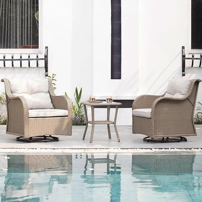 Set da esterno: 3 sedie girevoli e a dondolo da giardino con tavolino laterale