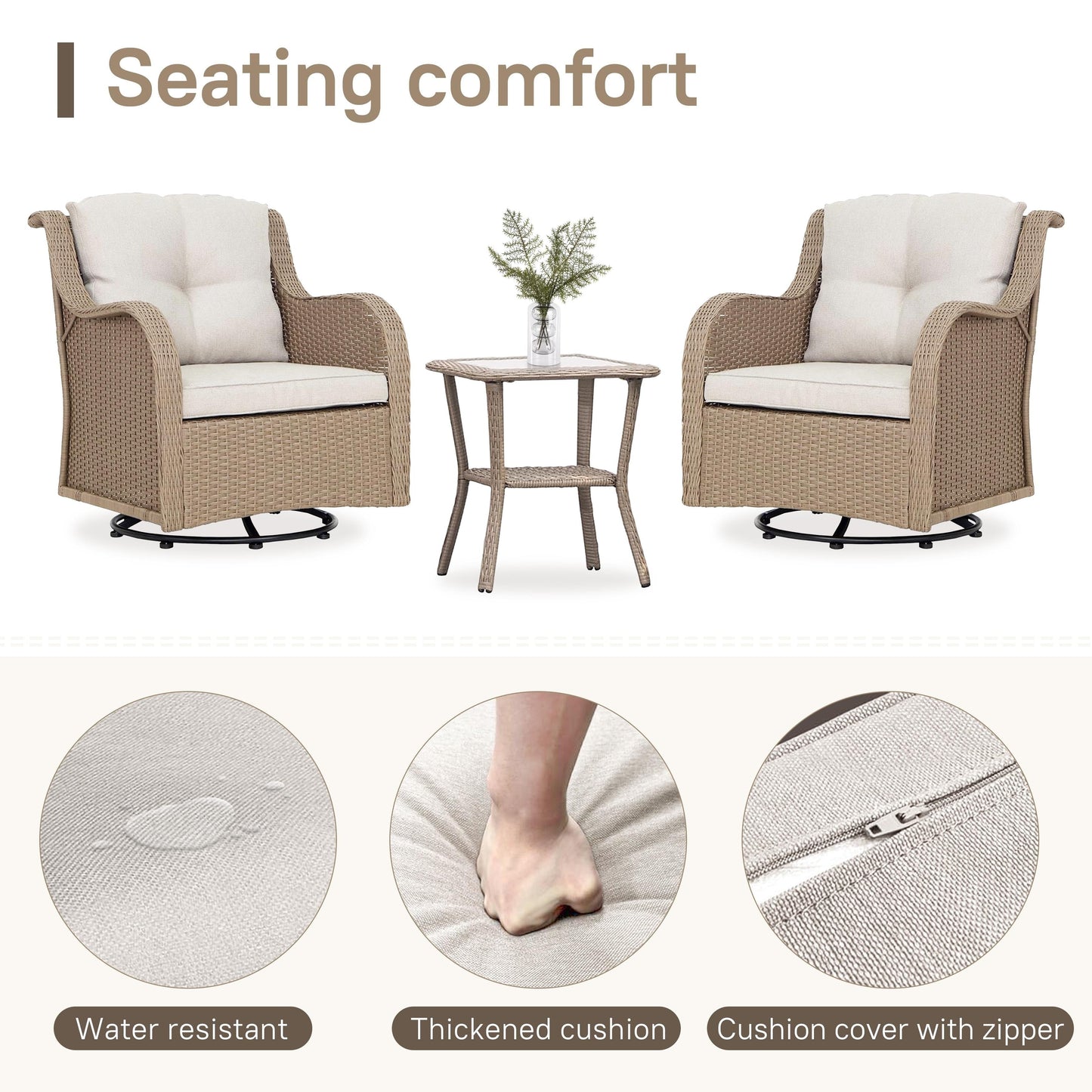 Set da esterno: 3 sedie girevoli e a dondolo da giardino con tavolino laterale