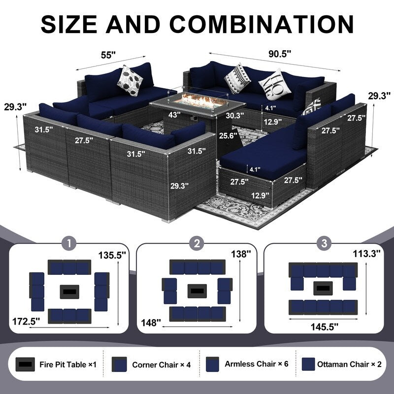 Set di divani componibili per esterni FINCATI in vimini grigio con tavolo e braciere