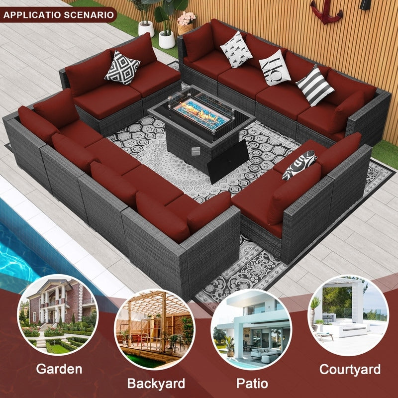 Set di divani componibili per esterni FINCATI in vimini grigio con tavolo e braciere