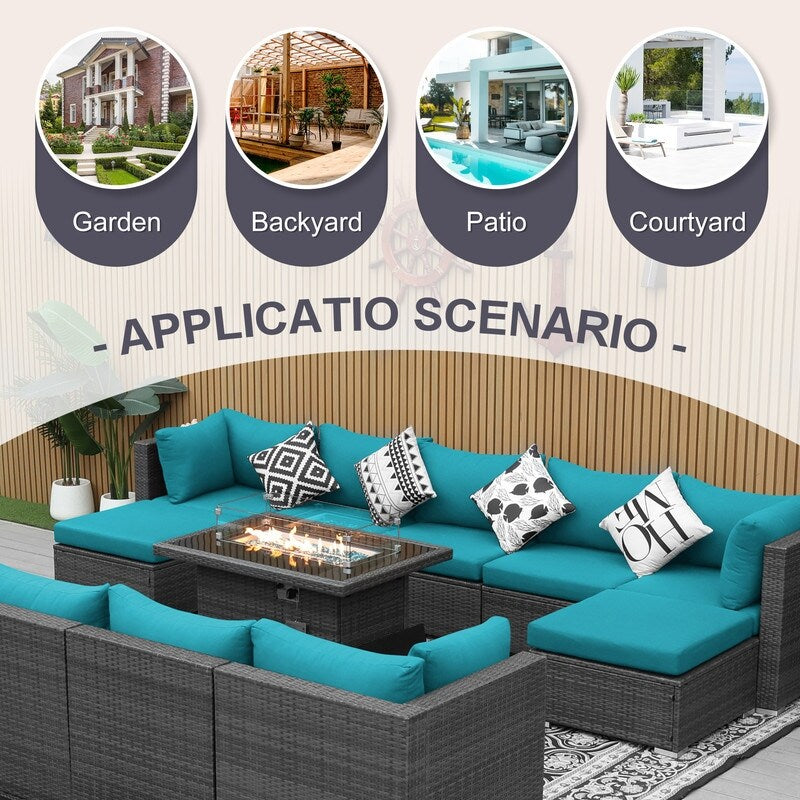 Set di divani componibili per esterni FINCATI in vimini grigio con tavolo e braciere