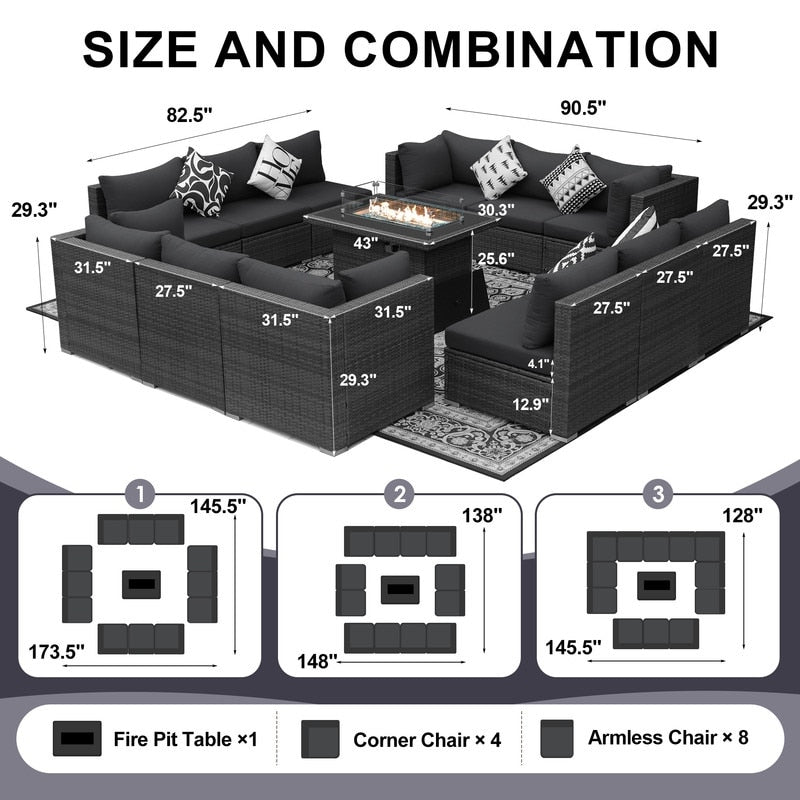 Set di divani componibili per esterni FINCATI in vimini grigio con tavolo e braciere