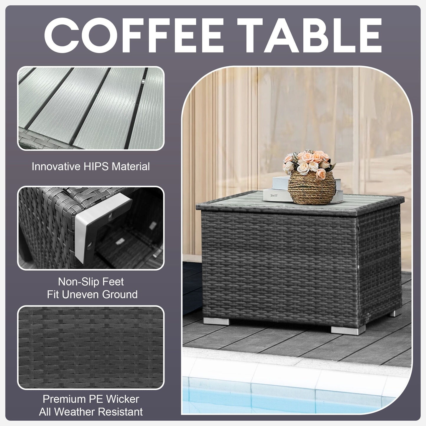 Set di divani componibili per esterni FINCATI in vimini grigio con tavolo e braciere