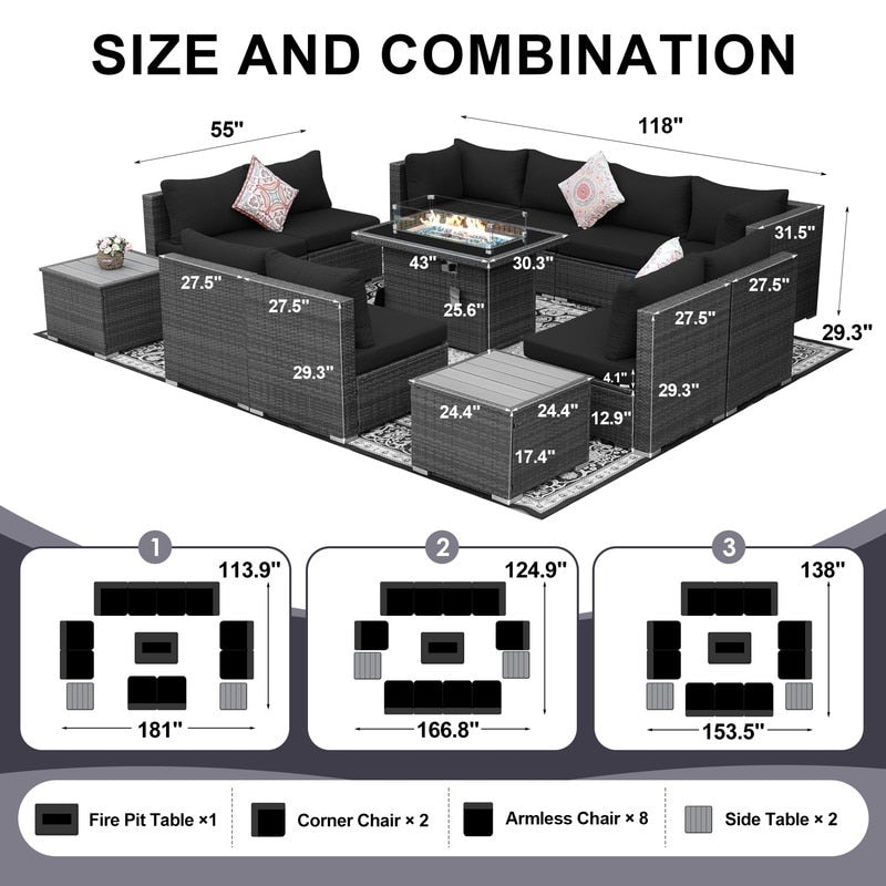 Set di divani componibili per esterni FINCATI in vimini grigio con tavolo e braciere
